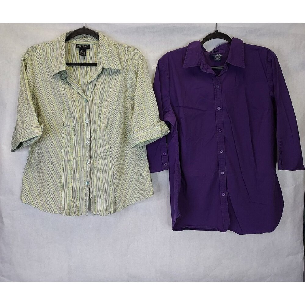 2 Button Up Shirt Women 14/16 Lane Bryant Stripe 3/4 Sleeve Venezia Purple Strec